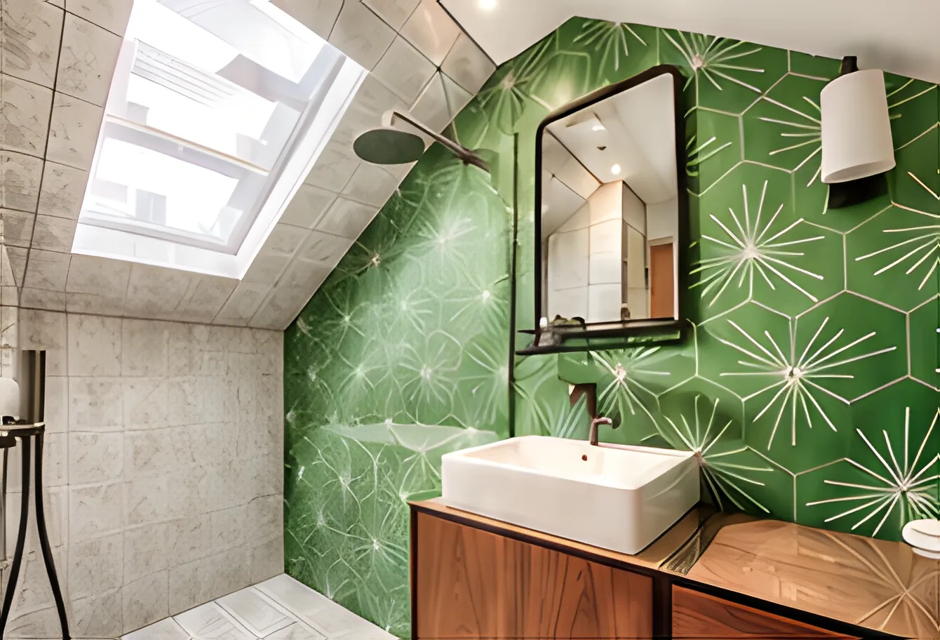 Loft bathroom with emerald geometric tiles