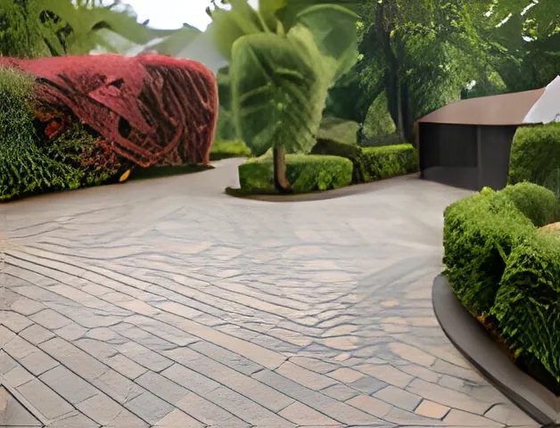 Curving grey block-paved driveway edged with clipped hedges
