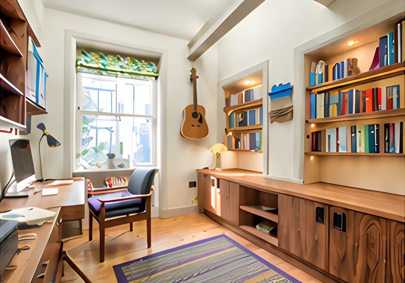 Home office with fitted walnut cabinetry, built-in bookshelves and a desk by the window
