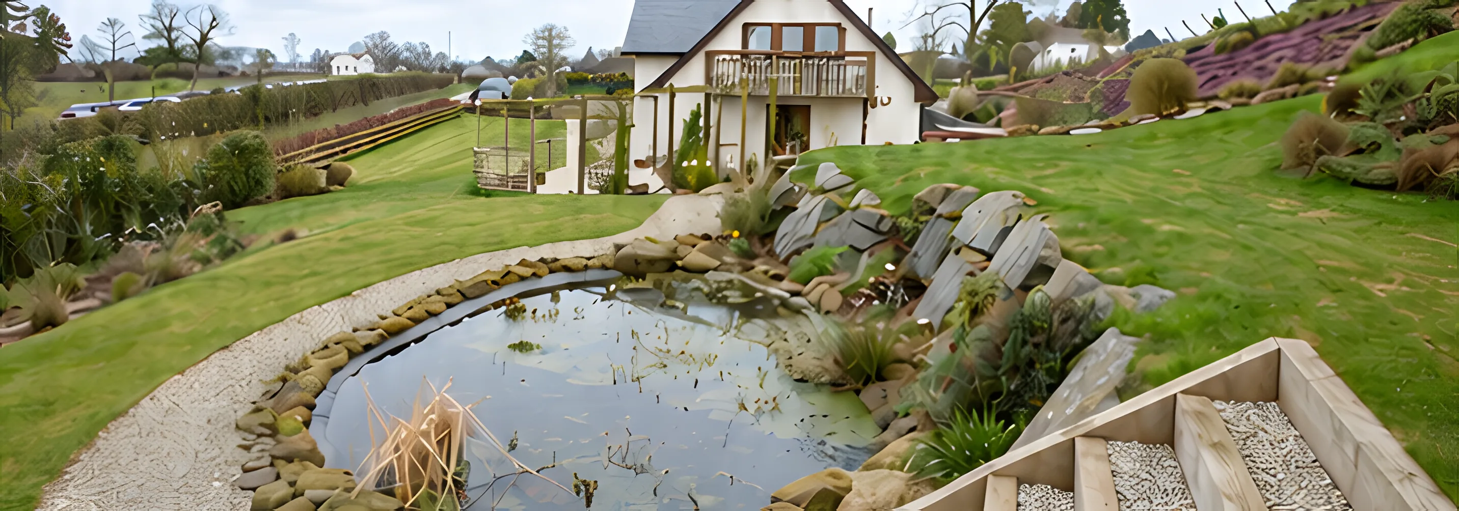 Landscaped garden with a stone-edged pond, timber steps and a sloping lawn